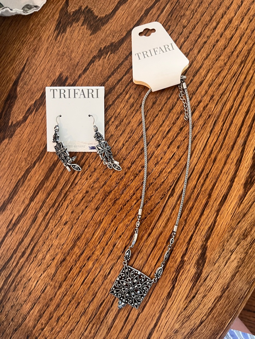 Trifari Ornate Silver Floral Necklace and Drop Earrings Set